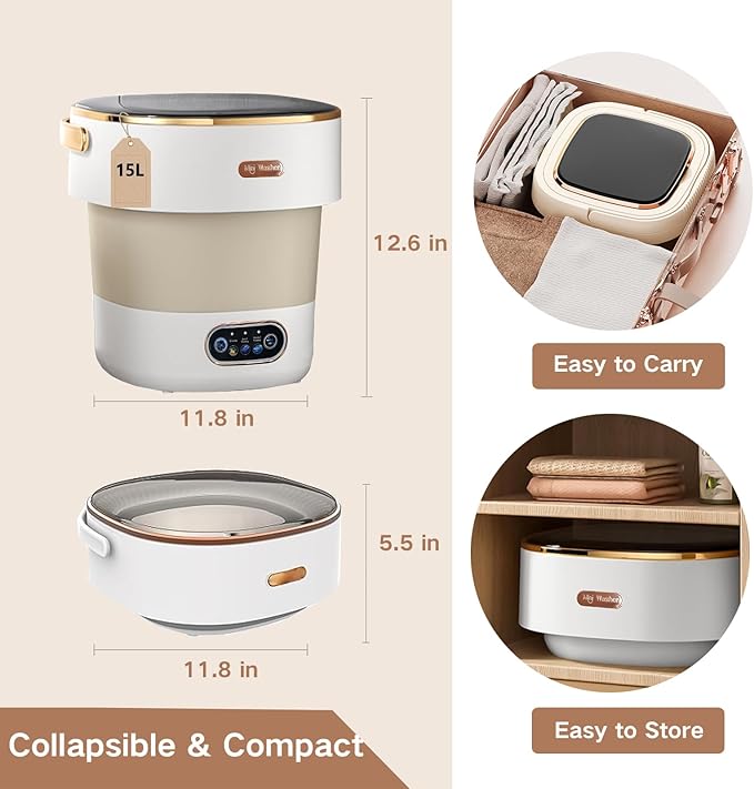 Portable Washing Machine, 15L Mini Collapsible Washer with 3 Cleaning Modes for Baby Clothes, Underwear, Small Foldable Laundry for Travel Apartment Home Dorm Hotel Camping (White+Khaki)