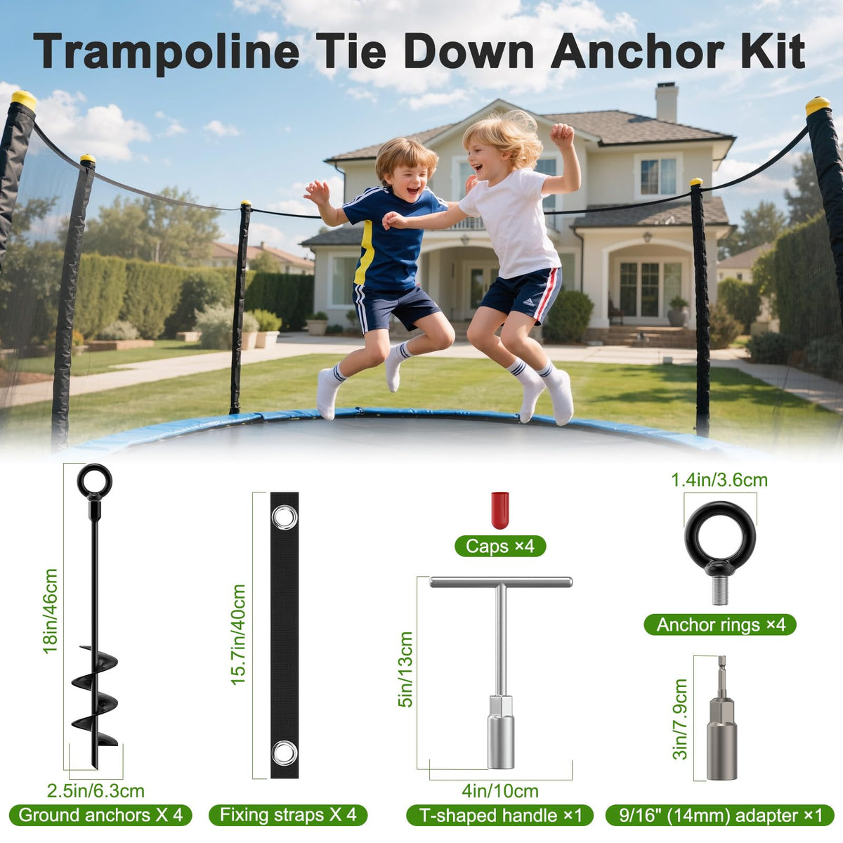 Housolution 18" Trampoline Stakes, 4 Pack Heavy Duty Ground Anchors with Safety Belts, Trampoline Accessories Resist High Wind, Ground Stakes for Camping Tents, Trampolines, Canopies, Swing Set, Shed