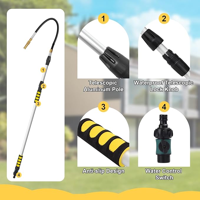 12ft Gutter Cleaning Tools, Long Reach Telescopic Gutter Cleaner Tools From The Ground, Rain Gutters Cleaning Tool With Garden Hose Attachment and Bendable Gutters Wand