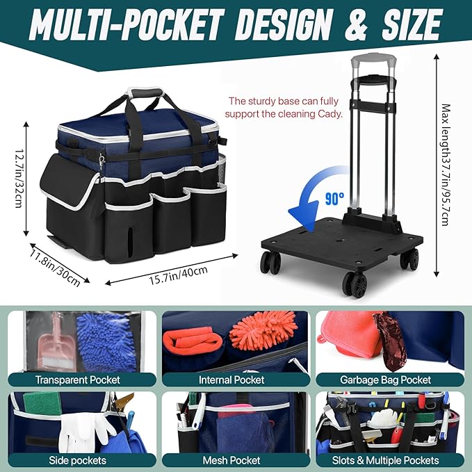 Large Rolling Cleaning Caddy Bag with Detachable Trolley, Full Support Plates for Professional Cleaning Supplies Bag, Organizer Bag with 4 Universal Wheels for Housekeepers, Car Wash (Blue)