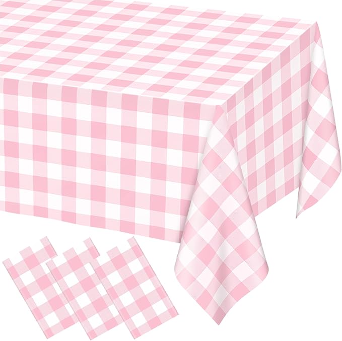 3 Pack Pink Gingham Tablecloth Rectangular Pink and White Checkered Tablecloths Disposable Plastic Plaid Table Cover for Parties, Outdoor Picnic, Birthday, Wedding, Camping 54 × 108 Inch