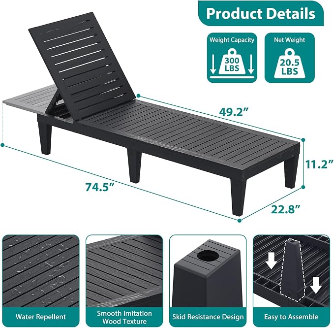Outdoor Lounge Chairs Set of 2 for Poolside Patio, Weather-Resistant Pool Chaise Lounge with Adjustable Backrest, Resin Tanning Chair Sun Lounger for Outside Deck, Beach, Sunbathing, Black
