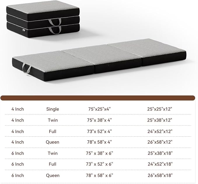 Memory Foam Trifold Mattress - Single Portable Floor Bed 4 Inch, Foldable Mat with Washable Cover, Handle & Non-Slip Bottom, for RV, Travel, Camping, Yoga, 75"x25"x4"