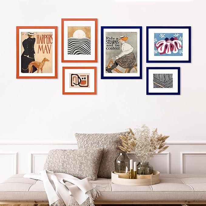 KINLINK 4x6 Picture Frames Orange, Solid Wood Frames with Acrylic Plexiglass for 3.5x5 with Mat or 4x6 without Mat, Tabletop and Wall Display Photo Frame, Set of 4
