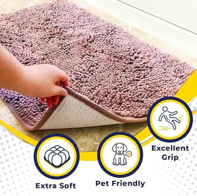 Muddy Mat® | Super Water Absorbent Door Mat Indoor, Microfiber Quick Dry Chenille Entryway Rug, Slip Resistant Front Door Mat, Indoor Mats for Entryway, Machine Washable Pet Rug, Pink 32" x 40"