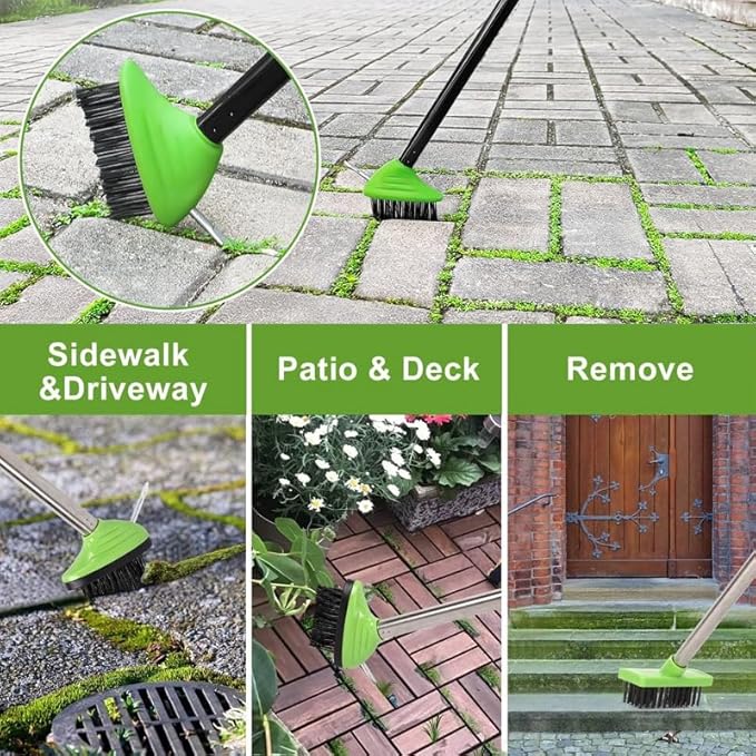 3-in-1 Weed Brush Tool Set, Adjustable Long Handle Crack Weeder & Moss Remover for Driveway, Patio, Sidewalk - Stainless Steel Crevice Cleaning Kit (3 Sets)
