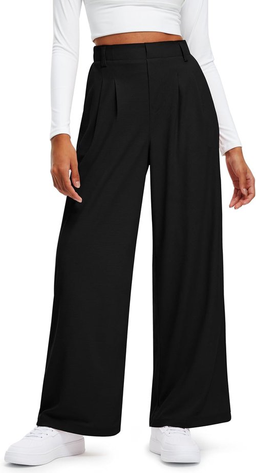 Libin Women's Wide Leg Pants - High Waisted Waffle Knit Casual Trousers with Pockets | 27"/29" Sizes
