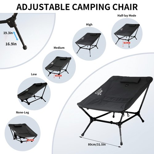 Reclining Chair, Lightweight Folding Camping Chair with Pillow, Backpacking with Carry Bag, 5-Way, Adjustable Height Chairs for Adults Heavy Duty 330lbs for Hiking, Fishing, Mountaineering Army Green