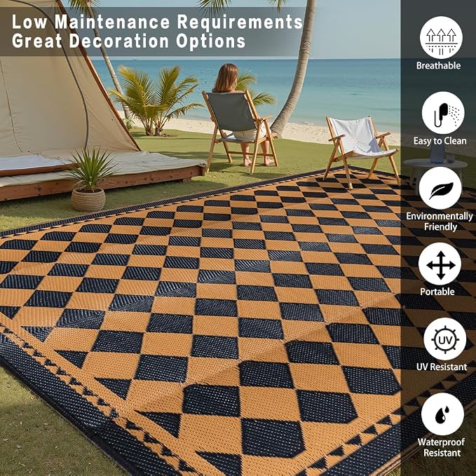 HUGEAR Outdoor Waterproof Rug 8'x10' Plastic Straw Rugs Washable Reversible Floor Mat Brown Plaid Carpet for Camping RV Deck Entryance Porch Picnic Balcony Beach Backyard