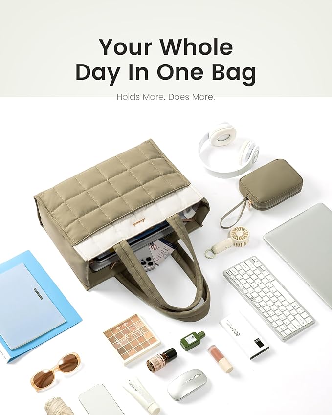 LOVEVOOK Tote Bag for Women, Puffer Work Handbag 15.6 Inch Laptop Purse for Nurse Teacher, Large Quilted Travel Tote Shoulder Bag with Zipper for College Office Clinical Gym, Cream-Sage