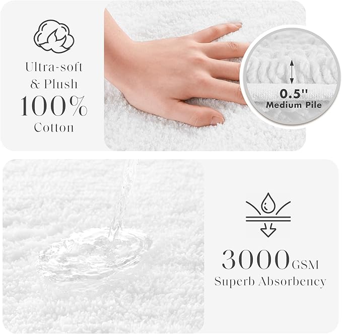 Madison Park Splendor Reversible 100% Cotton Tufted Bathroom Rug-3000 GSM Hotel Quality Luxurious Plush Medium Pile Bath Mat Absorbent, Quick Dry, Shower Room Décor, 24x36 White