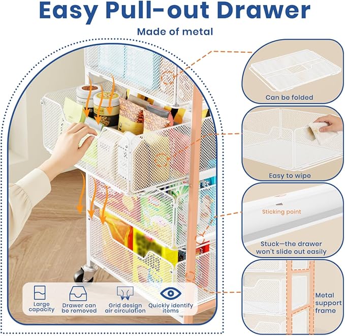 Goovilla Kitchen Cart with Drawers, 4 Tier Metal Rolling Utility Cart Organizer on Lockable Wheels with Wooden Top, White Fruit Vegetable Storage Rack Also for Cans, Snack, Craft, Art, Office, Beauty