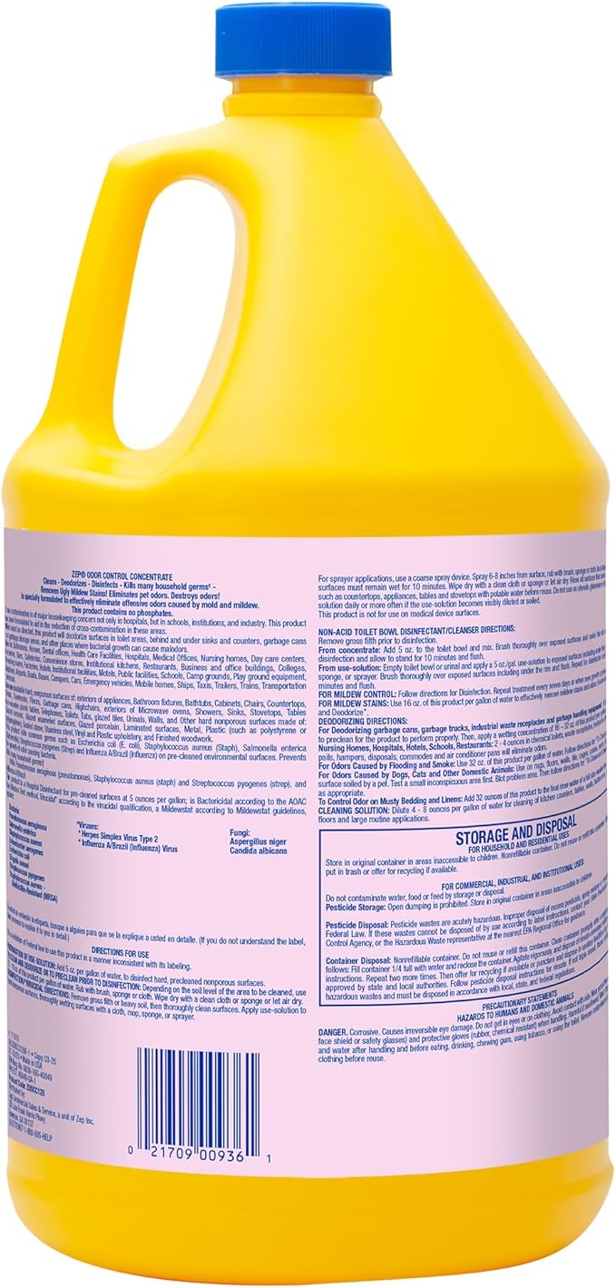 Zep Odor Control Concentrate - 1 Gallon (Case of 2) ECZUOCC1282 - Cleans, Deodorizes & Disinfects Many Household Germs, Removes Mildew Stains, Destroys Odors