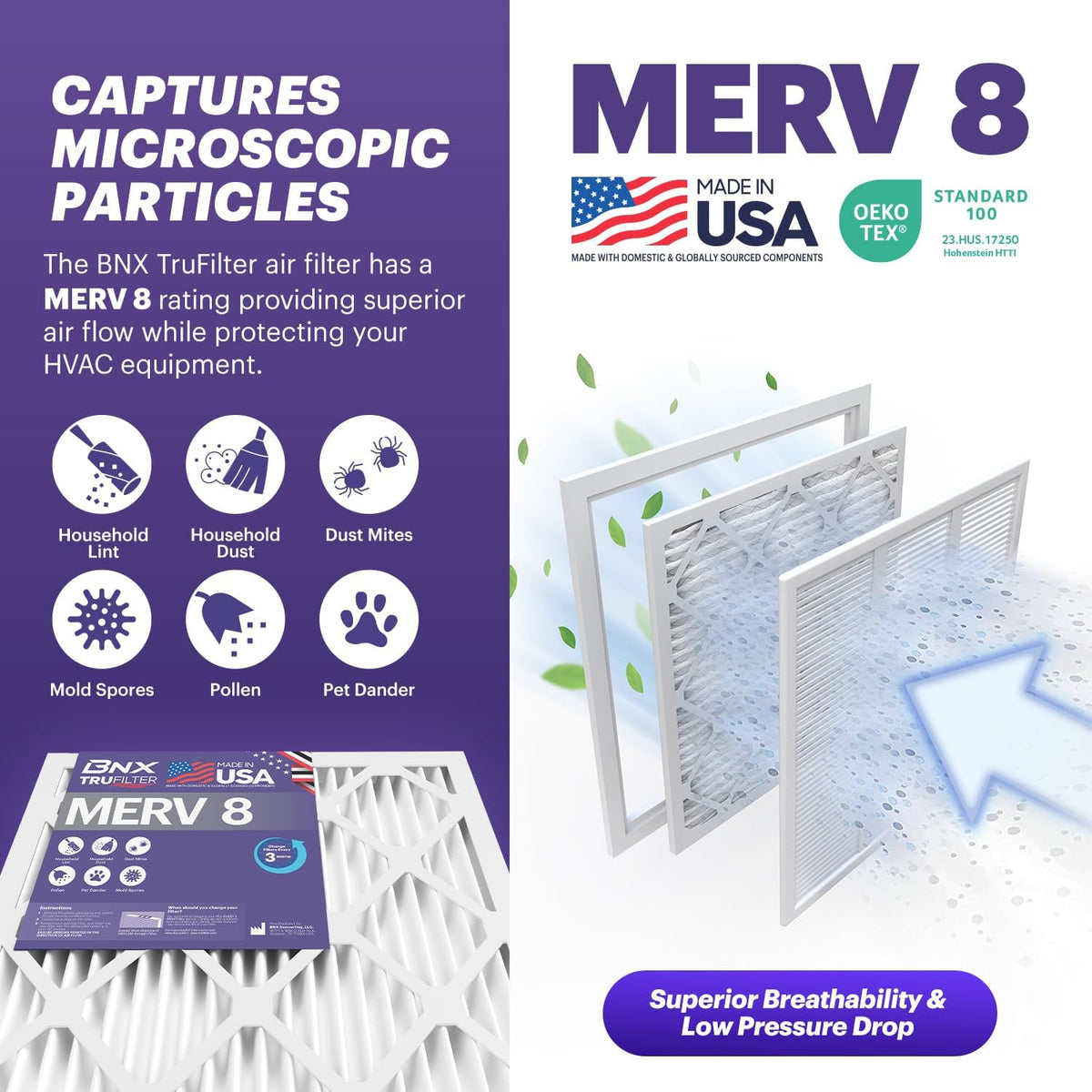 BNX TruFilter 14x14x1 Air Filter MERV 8 (6-Pack) - MADE IN USA – Dust & Pet Defense Pleated Air Conditioner HVAC AC Furnace Filters for Dust, Pet, Mold, Pollen MPR 600 – 700 & FPR 5