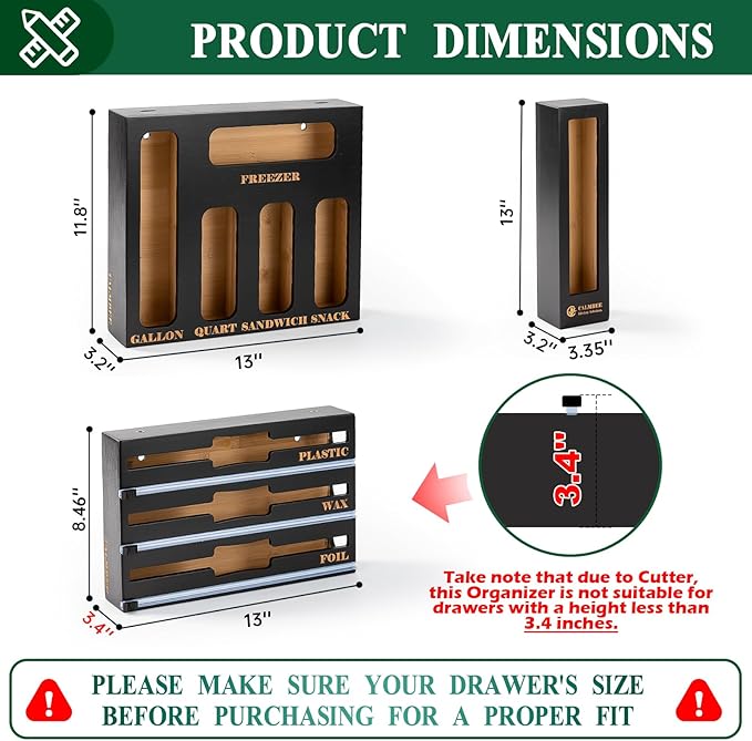 Calmbee 9-in-1 Bamboo Kitchen Organizer - Black & Multicolor Modern Minimalist Caddy with 3-in-1 Wrap Dispenser, Cutter & Bag Organizer