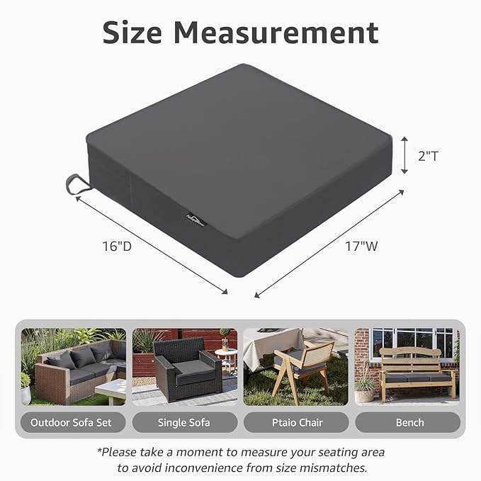 PatioGlow Outdoor Chair Cushions 17 x 16 x 2 Inch, Waterproof & Fade Resistant Patio Seat Cushion for Furniture with Handle and Ties, Thick Seating Pads for Outside Sofa Couch Set of 2, Grey