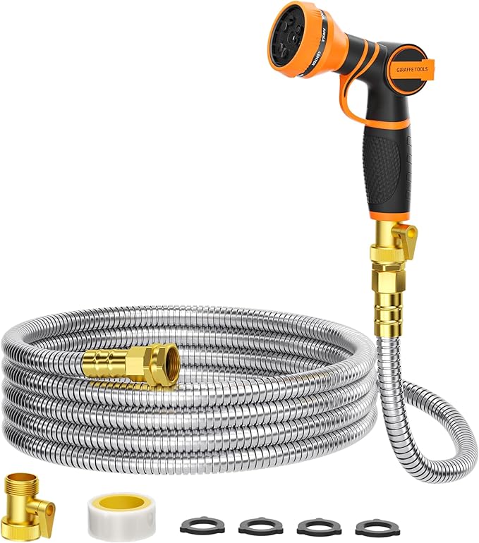 Giraffe Tools Garden Hose 25ft x 5/8", 304 Stainless Steel Metal Water Hose, No Kink Garden Water Hose with 9 Pattern Spray Nozzle, Flexible, Lightweight, Kink Free Hose for Yard, Outdoor