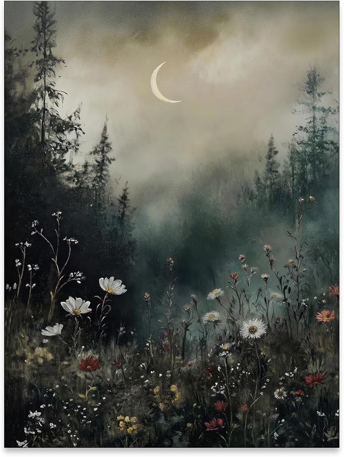 rumlud Dark Flower Field Poster Vintage Moody Academia Wall Art Nature Black