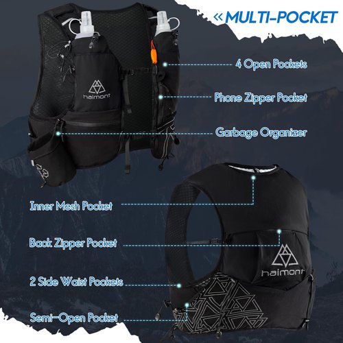 Haimont Running Hydration Vest with Soft Flasks for Women Men, Adjustable Water Vests Pack Backpack with Water Bottle for Hiking, 8L, M, Black
