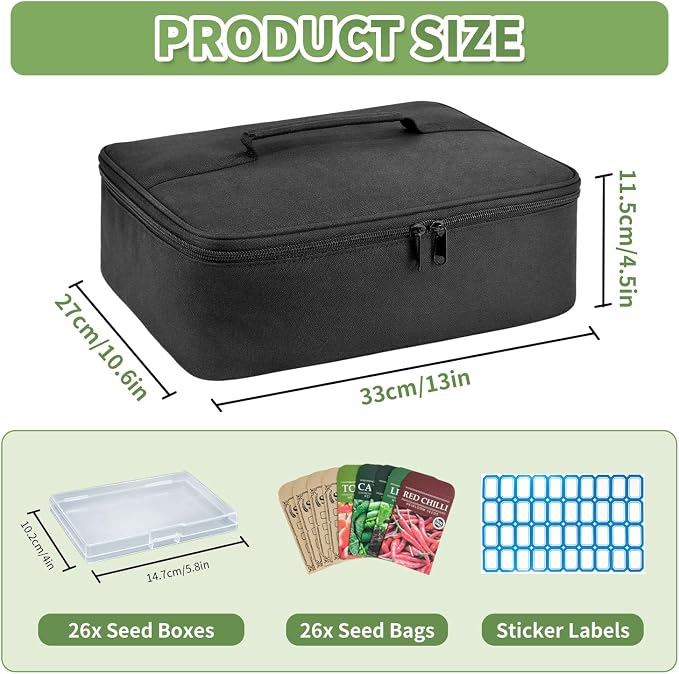 Boczif 26 Slots Seed Storage Organizer Box with Insulated Bag Seed Envelopes Bag and Label Stickers, Garden Seed Container for Seed Packets, Plant, Flower, Vegetable Seeds