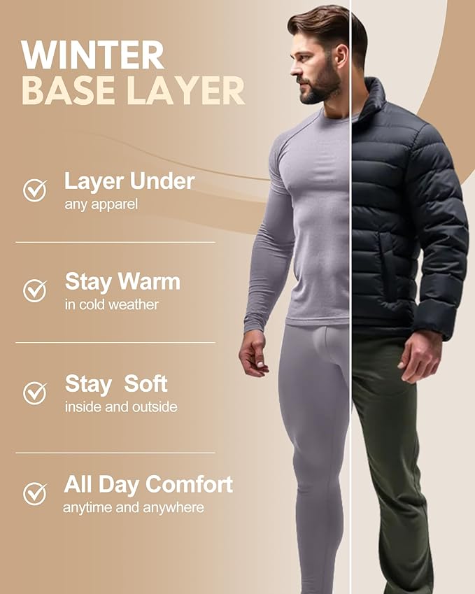 CL convallaria Thermal Underwear for Men Long Johns Fleece Lined Hunting Gear Set Base Layer for Cold Weather XS-4XL