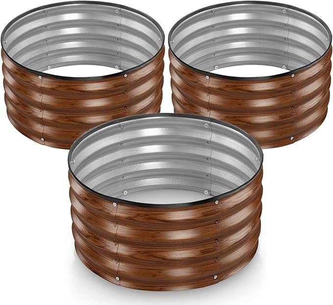 Round Galvanized Raised Garden Bed // 2×2×1 ft (3-Pack) Galvanized Raised Garden Beds Outdoor for Gardening, Vegetables, Flowers (Dark Wood Grain) // Patented Tool-Free Design Round Planter