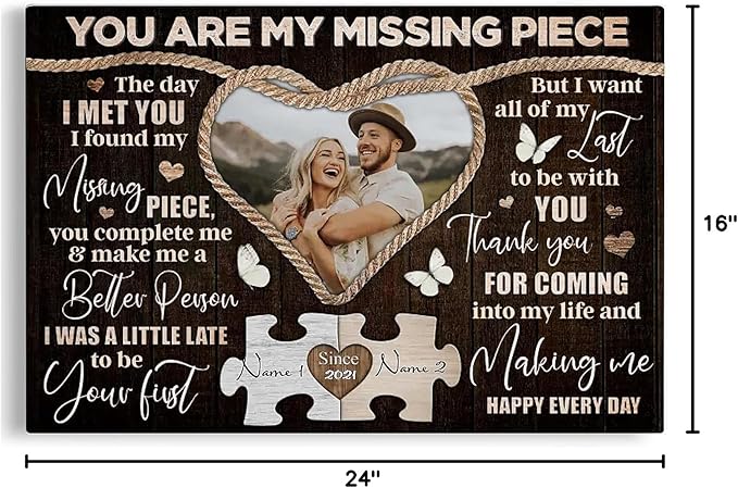 Dem Canvas Personalized Couple Canvas, Custom Photo And Name, You Are My Missing Piece, Wedding Gifts For Couple Anniversary Wedding Engagement Gift For Couples Canvas (24x16)