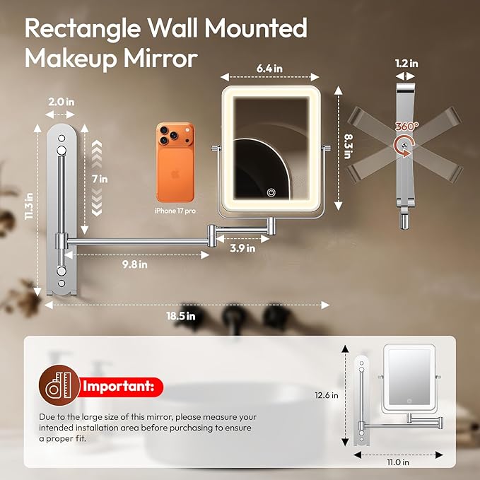 Height Adjustable Wall Mounted Lighted Makeup Mirror