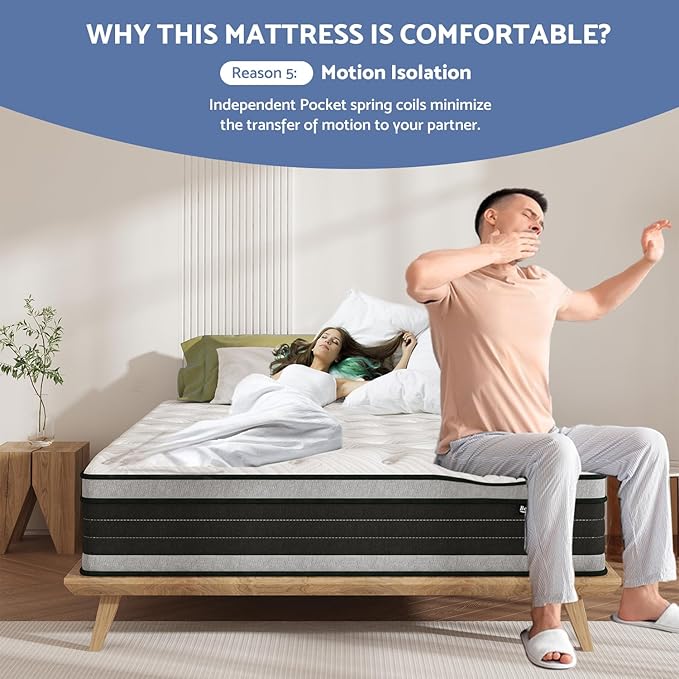Queen Size Mattress, 12 Inch Hybrid Pillow Top Queen Mattresses in a Box with Gel Memory Foam & Individually Pocket Coils, Medium Firm Mattress for Back Pain, Pressure Relief