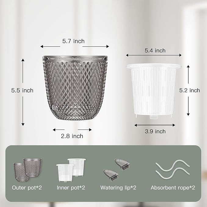 QCQHDU 2 Pack Self Watering Pots, 5.7 Inch Flower Pots with Drainage Holes and Water Filling Port, Plastic Garden Planter for Indoor Outdoor Plants (Gray)
