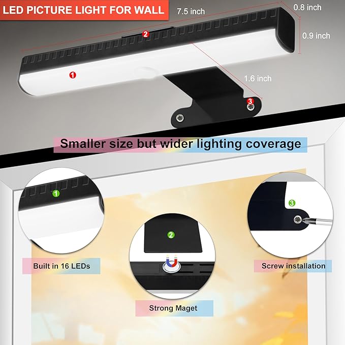Wall Picture Lights with Remote, Dimmable Painting Light Battery Powered with 3