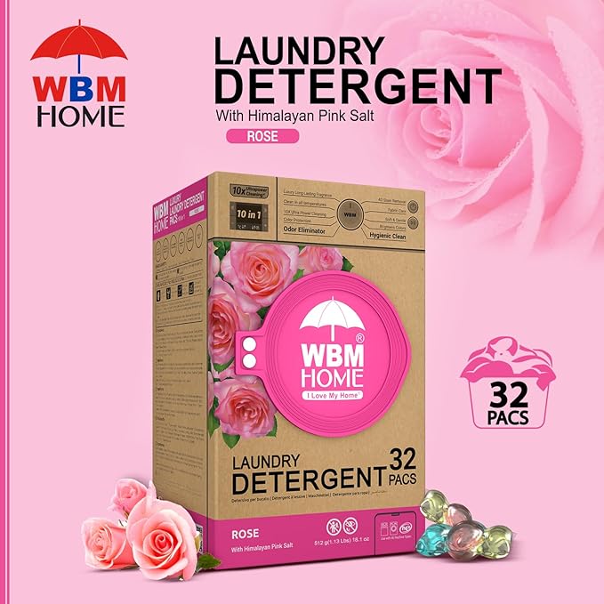 WBM 10-in-1 Laundry Detergent Pods, Ultra Concentrate, Powerful Stain Lifter, Fabric Softener, Rose Scent, 32 Count, HE Compatible, Eco-Friendly, Gentle
