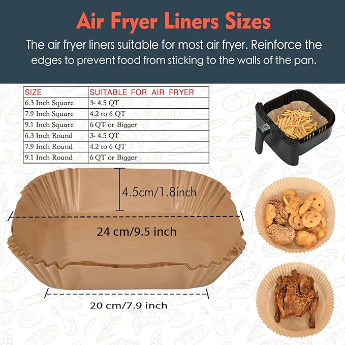 [3-Size] Air Fryer Disposable Paper Liner Compatible with COSORI Air Fryer Toaster Oven, Non-stick Air Fryer Parchment Paper Baking Accessories