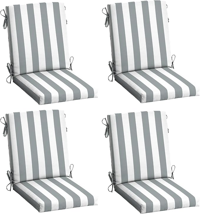 Arden 4-Pack Outdoor Patio Dining Chair Cushion, 20x44, Rain-Proof Seat Pad, Fade-Resistant Outdoor Cushion Stone Grey Cabana Stripe