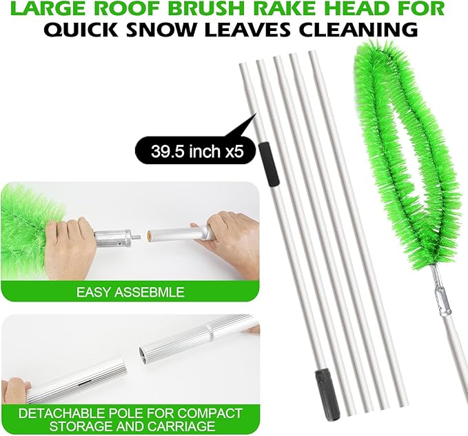 19Ft Roof Rake Brush for Snow and Leaves, Gutter Cleaning Broom Tool, Spider Web Brush Cleaner for Shingles, Corrugated，High Ceiling,Porch,Outdoor Window Cob Web Remover - Lightweight Pole