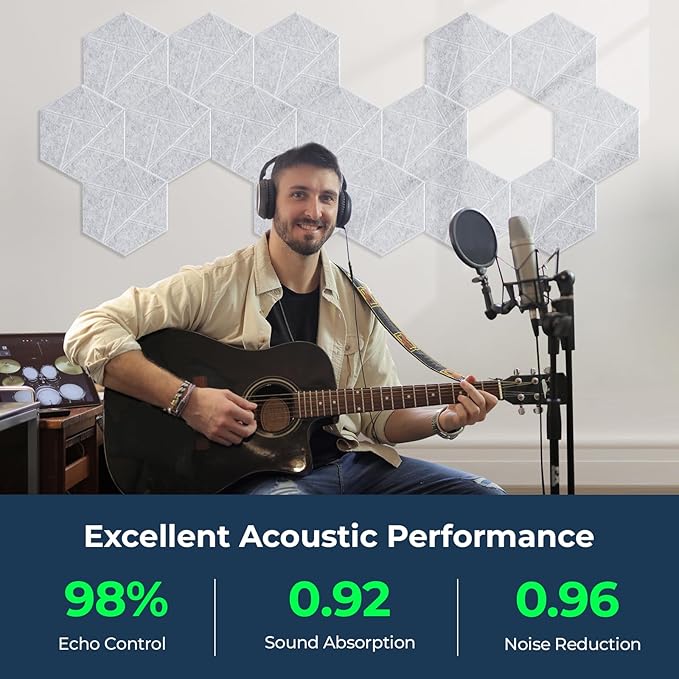 12 Pack Hexagon Acoustic Panels, Self-Adhesive Acoustic Wall Panels