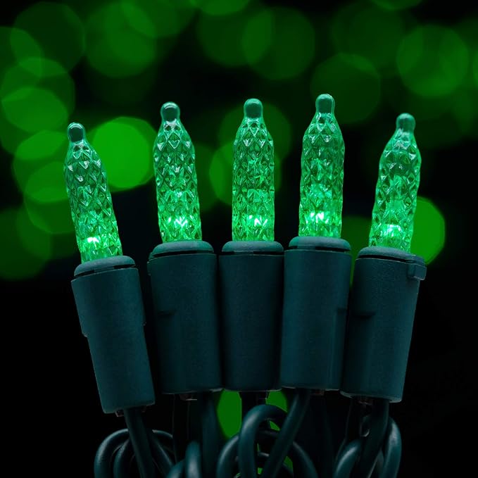 YULETIME Green Faceted LED Christmas Lights 200 Count 50 ft, Pack of 2 Strands 25 ft 100 Lights UL Certified Commercial Grade Green Wire Holiday String Light Set (Green)
