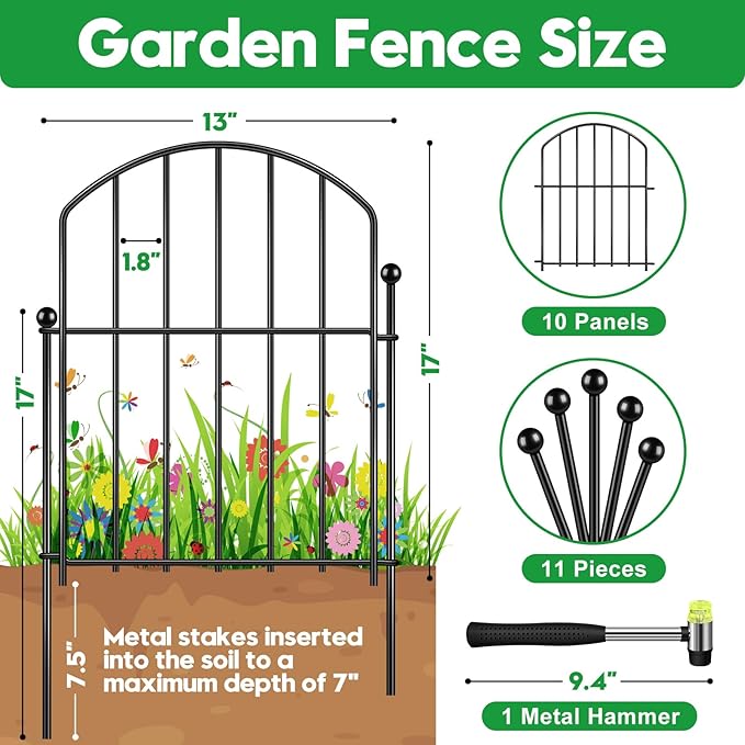 Decorative Garden Fence 17in (H) x10ft (L), Arched Rustproof Metal No Dig Fence for Dogs & Rabbit, Ornamental Animal Barrier for Flower Beds, Border Panels Fencing for Yard & Patio Outdoor Decor
