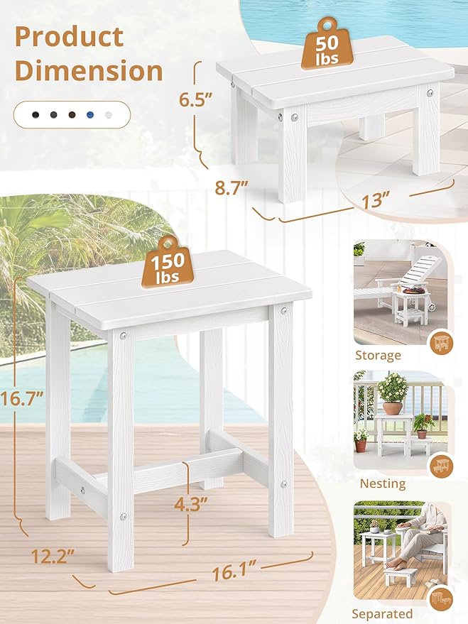 LUE BONA Outdoor Side Table, 2-Tier HDPS Outdoor Nesting End Table with Removable Small Foot Stool for Patio, Deck, Poolside, Low Maintenance & Weather Resistant, White