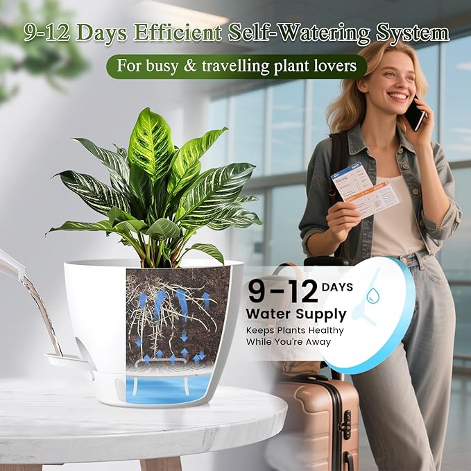 Plant Pots, 1 Pack 12 Inch Self Watering Pots with Drainage Holes, Water Level Indicator Deep Reservoir, Large Planters for Indoor Outdoor Plants - White