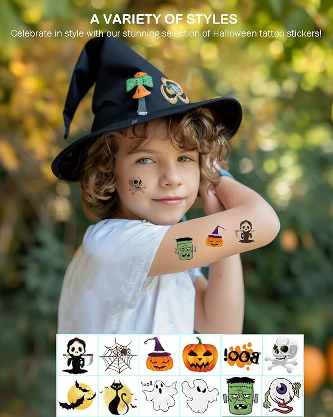 Halloween Temporary Tattoos for Kids - 144 Pack, 2" Size, Pumpkin, Skull, Ghost, Monster Designs | Boys & Girls Halloween Party Favors, 12 Unique Designs