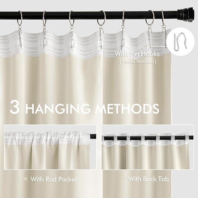 MIULEE Beige White Back Tab Blackout Curtains 63 Inch Length 2 Panels Set