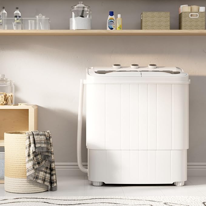 SUNCROWN Portable Washing Machine 17.6lbs, Compact Twin Tub Semi Automatic Washer, Energy-Saving Mini Laundry Combo with Extended Drain Hose & Pump for Apartments, RV, Dorms, White & Grey