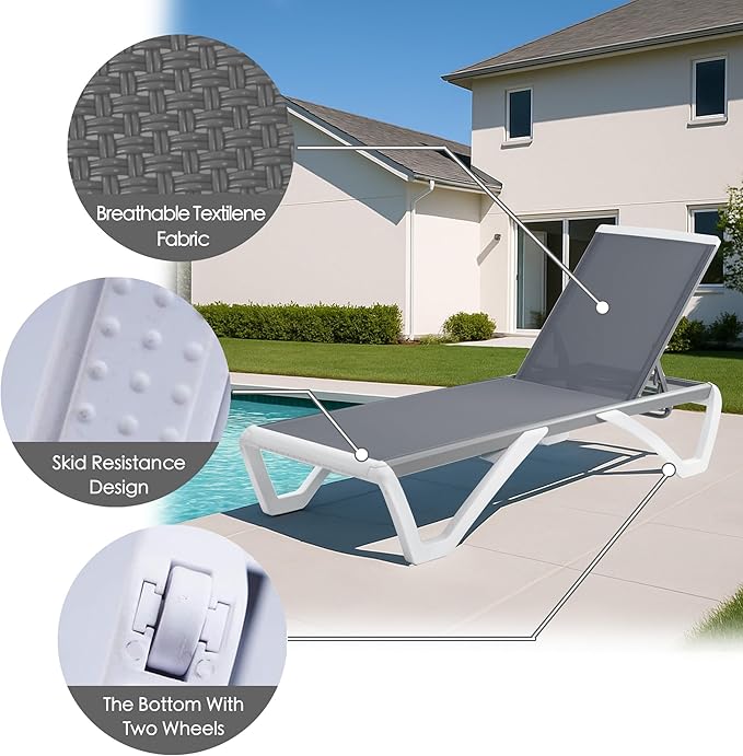 Kozyard Outdoor Chaise Lounge Chair Set, Fully Flat Adjustable Patio Lounger with Aluminum Frame & Resin Legs, Textilene Fabric for Poolside, Backyard & Beach (Gray, Chair + Table)