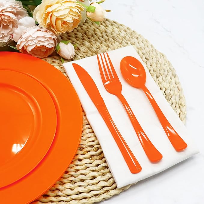150 Pack Orange Plastic Silverware, Orange Plastic Cutlery Disposable Includes 50 Forks, 50 Spoons, 50 Knives for Birthday, Fall Party, Halloween, Thanksgiving