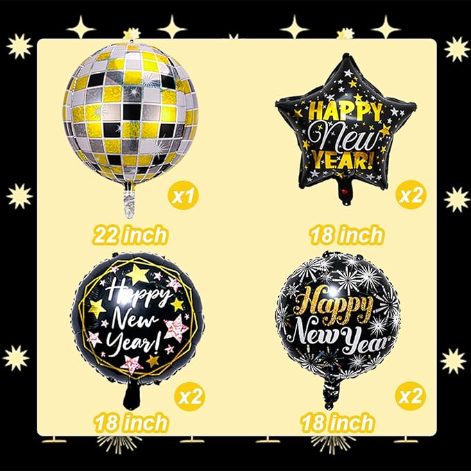 Happy New Year Balloons 4D Black Gold New Years Nye Balloons for New Years Eve Decorations 2026 Happy New Year Eve Party Supplies