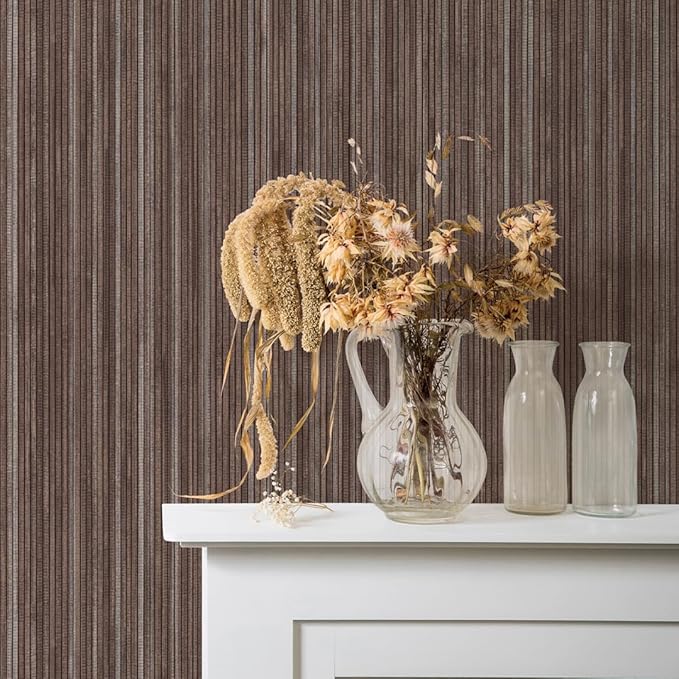Tempaper Textured Brown & Metallic Silver Faux Grasscloth Removable Peel and