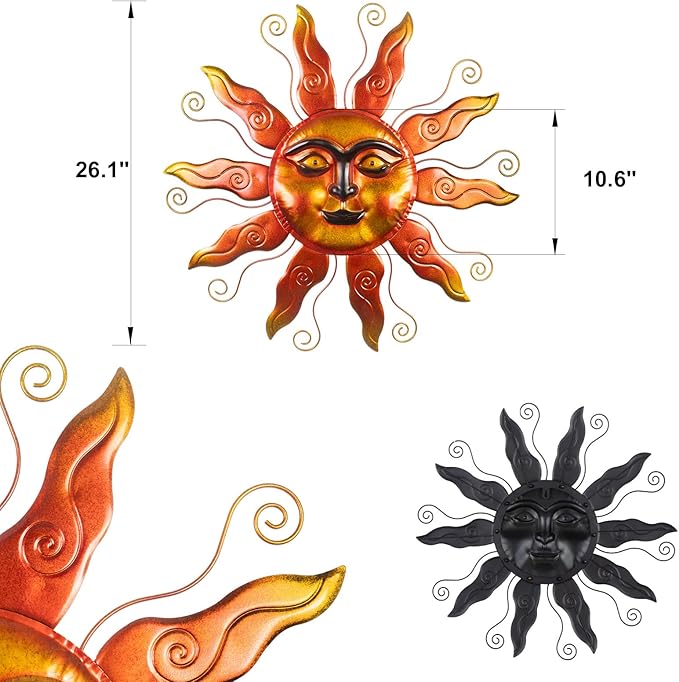 Outdoor Metal Wall Art Metal Sun Wall Art Decor 26 inch Large Outdoor Wall Art Hanging Decoration for Graden 3D Sun Face for Living Room Garden Yard Patio(Thread)