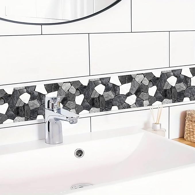 IVN Wallpaper Border Black White Stone Pattern Design 4x196 Inch Peel and Stick