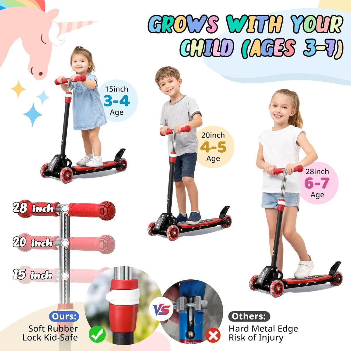 **Kick Scooter for Kids by [Brand Name] - Light-Up 3-Wheel Design | Adjustable Height for Ages 3-7**
